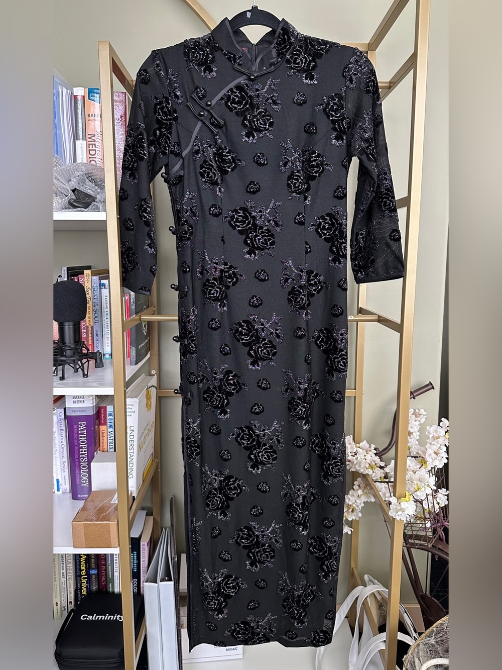 Black Floral Cheongsam-Style Long Sleeve Dress